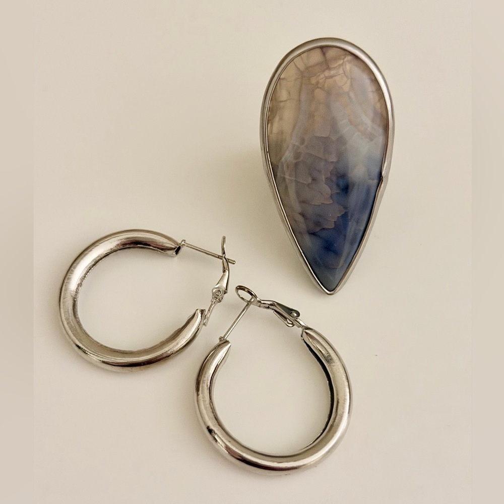 Boho Chic Silver Hoop Earrings & Blue Lace Agate Teardrop Gemstone Ring Set